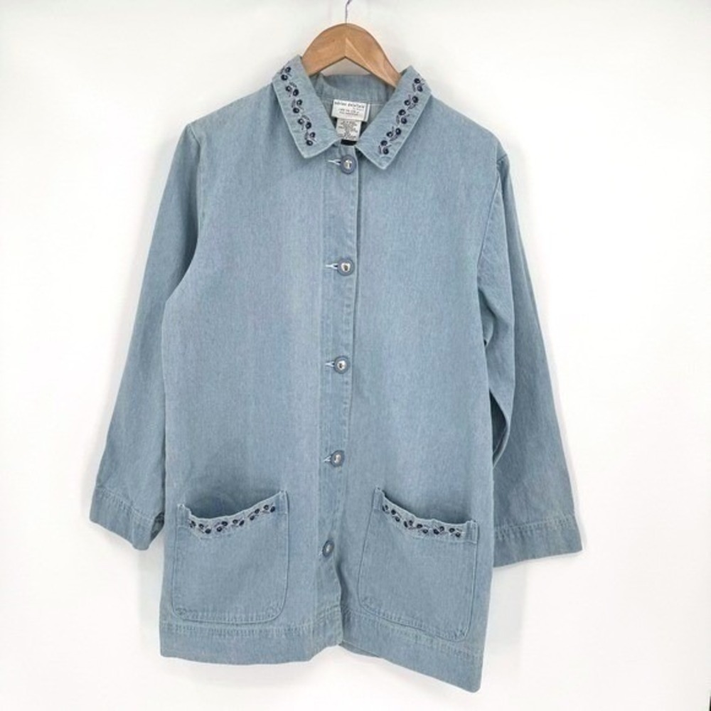 Adrian Delafield Light Blue Floral Embroidered Long Sleeve Denim Chore Jacket M